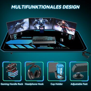 Ігровий стіл Himimi 160x75 см, ергономічний комп&39ютерний стіл з килимком для миші на всю поверхню, вуглецеве покриття, підставка для склянок, гачок для навушників та ігрова рама-ручка, міцна Т-подібна конструкція 160 x 75 x 75 см
