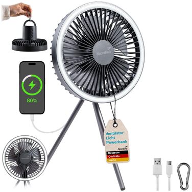 Ліхтар для кемпінгу Skandika Solvind з вентилятором Ліхтар для кемпінгу 3-в-1 з настільним вентилятором та портативним зарядним пристроєм, біле кільце, із зарядним кабелем USB Type-C, регульованою яскравістю, таймером Ліхтар для кемпінгу, для використання