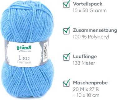 Пряжа Grndl Lisa Premium Uni Knitting & Crochet Yarn (м'яка і схожа на шерсть, проста в догляді пряжа для в'язання з 100 поліакрилу, 50 г/ 133 м, розмір голки 3,5 - 4,5, 10 клубків по 50 г кожен), (середній синій)