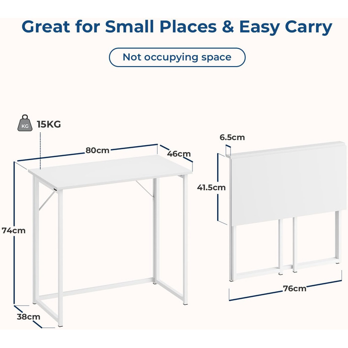 Складаний стіл Dripex, Складаний стіл 80 x 46 x 74 см, Невеликий складний комп&39ютерний стіл, Компактний стіл для домашнього офісу, кабінету, ПК (Білий - Потрібне складання)