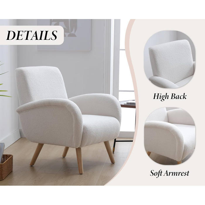 Сучасне крісло для відпочинку, м&39яке крісло з високоякісним штучним хутром та ніжками з масиву дерева, надзвичайно зручне крісло для читання для вітальні, спальні, легке складання, білий колір