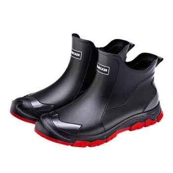 Водонепроникні гумові чоботи Pangolin до щиколотки, чоботи-челсі з ПВХ для саду та щоденного використання, нековзка гумова підошва з протектором, короткі гумові чоботи для жінок та чоловіків, чорно-червоні, EU 45