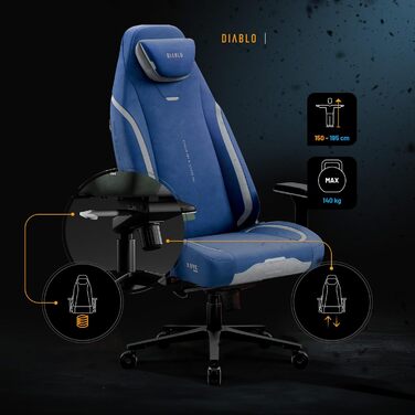 Ергономічне ігрове крісло Diablo з тканини, крісло X.Eye Prime для ПК з магнітним підголівником, ігрове крісло з функцією охолодження, ігрове крісло, ергономічне, міцне, з тканини, 140 кг, Meta Ocean