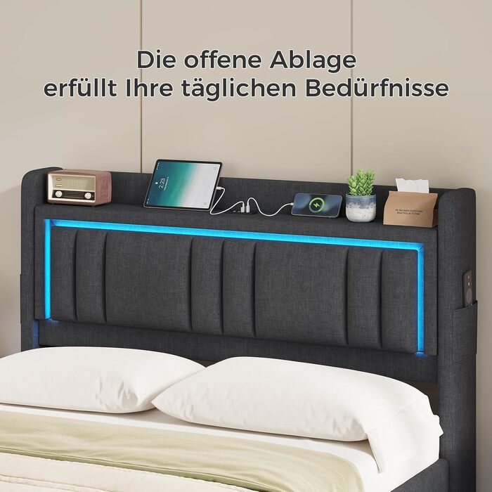 Ліжко зі світлодіодним освітленням, гідравлічне ліжко 140x200 см, м&39яке ліжко, узголів&39я з місцем для зберігання, зарядна станція, каркас ліжка з рейковою основою, візуальний ефект &quotплаваючий&quot, спальня, лляна тканина сірого кольору 140 x 200 С