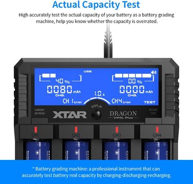 Зарядний пристрій для акумуляторів XTAR Dragon VP4L Plus 18650 21700 для літій-іонних акумуляторів 3,6 В/3,7 В, нікель-металгідридних акумуляторів 1,2 В типу AA/AAA та нікель-металгідридних акумуляторів 11,1 В 3S. Перевірте стан вашого акумулятора.