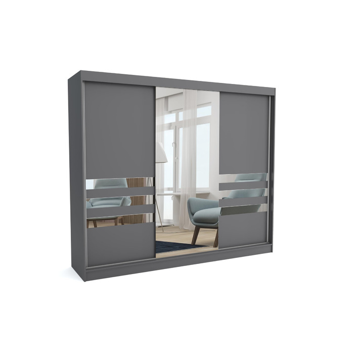 Брент - Шафа з дзеркалом Henry, ширина 250 см, шафа для спальні з 1 рейкою для одягу та полицями для одягу, шафа сірого кольору 250 см сірого кольору