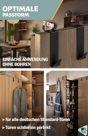 Дверні гачки Menz Premium в комплекті з 6 шт. - Чорні дверні гачки для підвішування з високою несучою здатністю - Функціональні дв