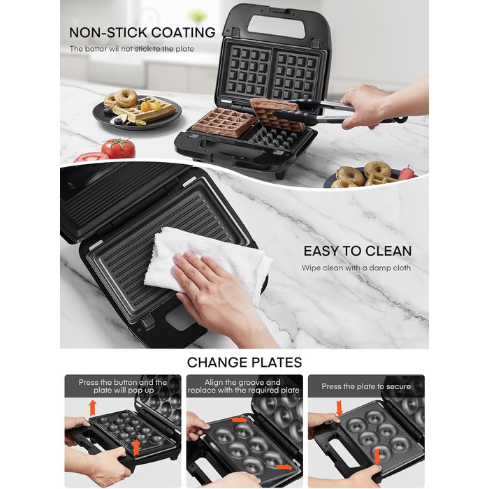Бутербродниця FOHERE 6 в 1, вафельниця, контактний гриль, паніні, солодкі тістечка, антипригарне покриття для легкого очищення, двостороннє випікання при постійній температурі, без бісфенолу А, 750 Вт