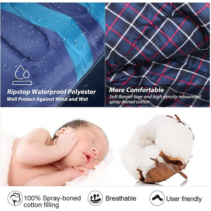 Фланелевий спальний мішок 3-4 сезони 1,6 кг, підходить для зими, осені та весни, виготовлений з порожнистого волокна та приємний для шкіри, водовідштовхувальний, синій