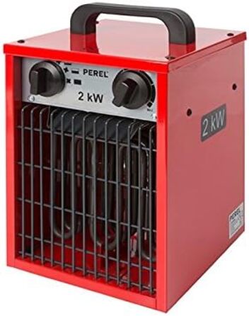 Електричний вентилятор-обігрівач Perel потужністю 2000 Вт з 3 режимами нагріву, термостатом та функцією охолодження, захистом від перегріву IP24, компактний та портативний для майстерні, гаража або сараю, 2000 Вт (3 рівні)