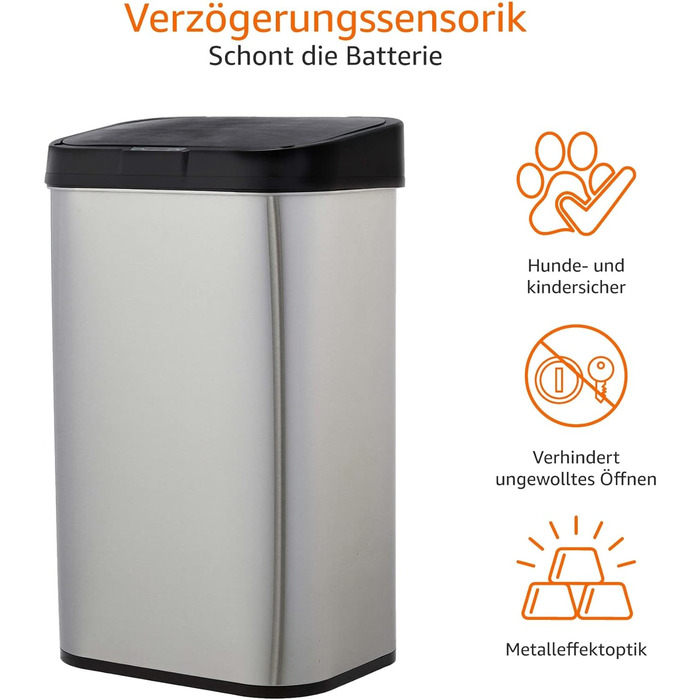 Л відро для сміття з нержавіючої сталі з безконтактним датчиком руху, прямокутне, сріблясте/чорне 60 л прямокутне одинарне, 60
