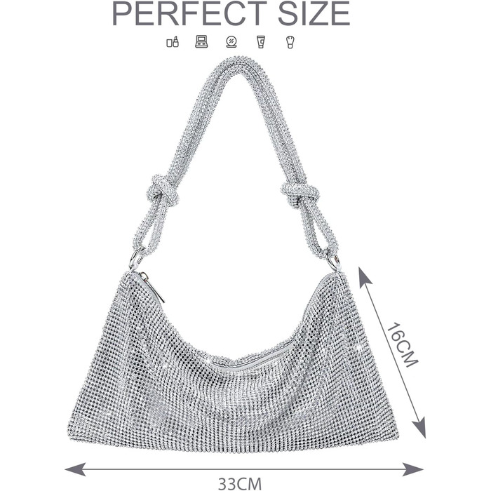 Золотиста Клатч для жінок, срібляста вечірня сумочка, сумочка з діамантами, сумка на ланцюжку, срібляста з блискавкою, клатч з камінням, гаманець, сумка через плече для вечірки, відпочинку, побачення (A-Срібло)