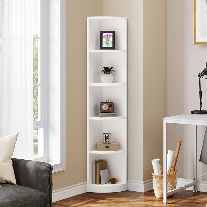 Біла 5-ярусна кутова книжкова полиця 30x30x180 см, Дерев&39яні книжкові полиці, Відкрите місце для зберігання, Книжкові полиці для вітальні, домашнього офісу, Окремостояча кутова полиця Біла* 30Г x 30Ш x 180В см