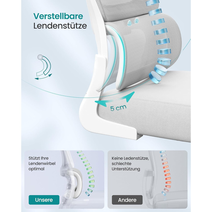 Офісний стілець SONGMICS, стілець для столу, ергономічний сітчастий стілець, з двошаровою сітчастою тканиною, повітропроникний, адаптивна поперекова підтримка, регульований підголівник, для домашнього офісу, колір голубий сірий OBN041G01 з підголівником