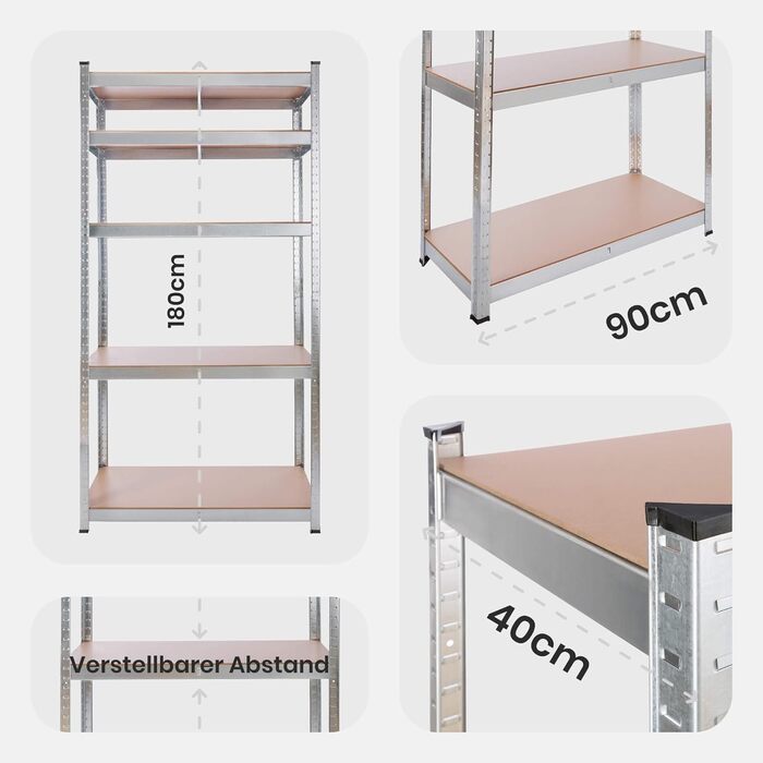 Комплект міцних полиць Arebos з 2 предметів 180 x 90 x 40 см Вантажопідйомність 875 кг Товщина 0,63 мм 5 регульованих полиць з МДФ Полиця для зберігання, полиця для підвалу, полиця без болтів, полиця для майстерні Оцинковане срібло