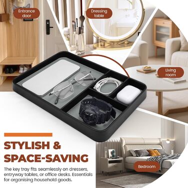 Чоловічий органайзер для столу, 4 відділення, високоякісна штучна шкіра, лоток для зберігання речей для всіх тумбочок, лоток для коштовностей, тумбочка для ключів, годинника, телефону, коштовностей, EDC, чорний