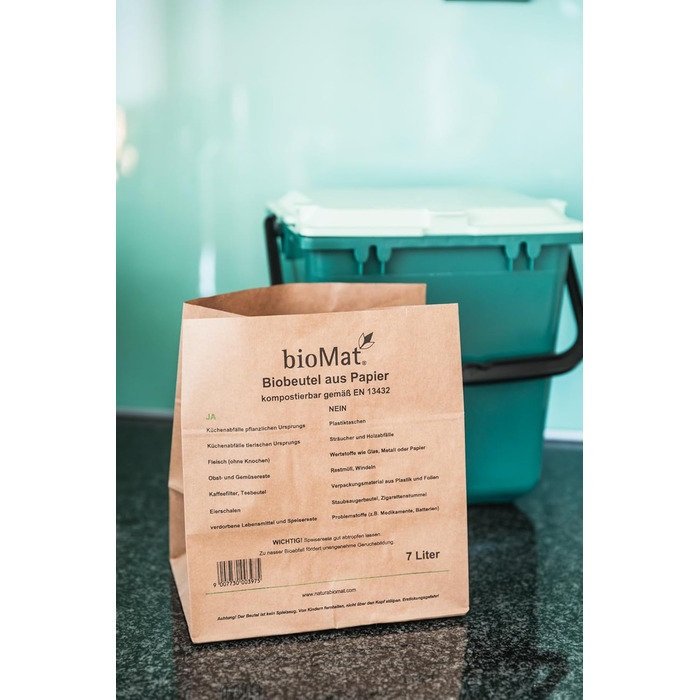 Компостовані паперові пакети для сміття bioMat об&39ємом 7 л, 160 крафт-паперових пакетів, міцні на вологу воду, подвійне дно, зроблено в Німеччині, ука (160 упаковок)