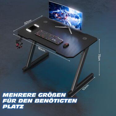 Ігровий стіл 80 x 52 см, ігровий стіл, ПК-стіл з гачком для навушників та карбоновим покриттям, ергономічний комп&39ютерний стіл, металевий каркас, карбон чорного кольору