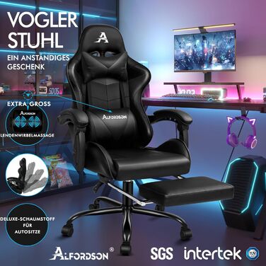 Крісло для відеоігор ALFORDSON, ергономічне офісне крісло, масажне гоночне крісло, висувна підставка для ніг, шкіра штучна, регулювання висоти та нахилу, вантажопідйомність 180 кг, чорний колір Vogler - чорний