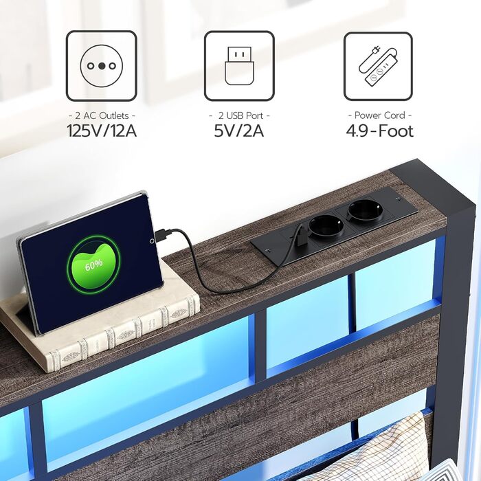 Ліжко HOOBRO 180 x 200 з рейковою основою, двоспальне ліжко з узголів&39ям, світлодіодне освітлення, зарядна станція (2AC, 2USB-A), каркас ліжка 180 x 200 см, металеве ліжко для спальні/гостьової кімнати, антрацит EBC80CDBF01 180 x 200 x 103 см