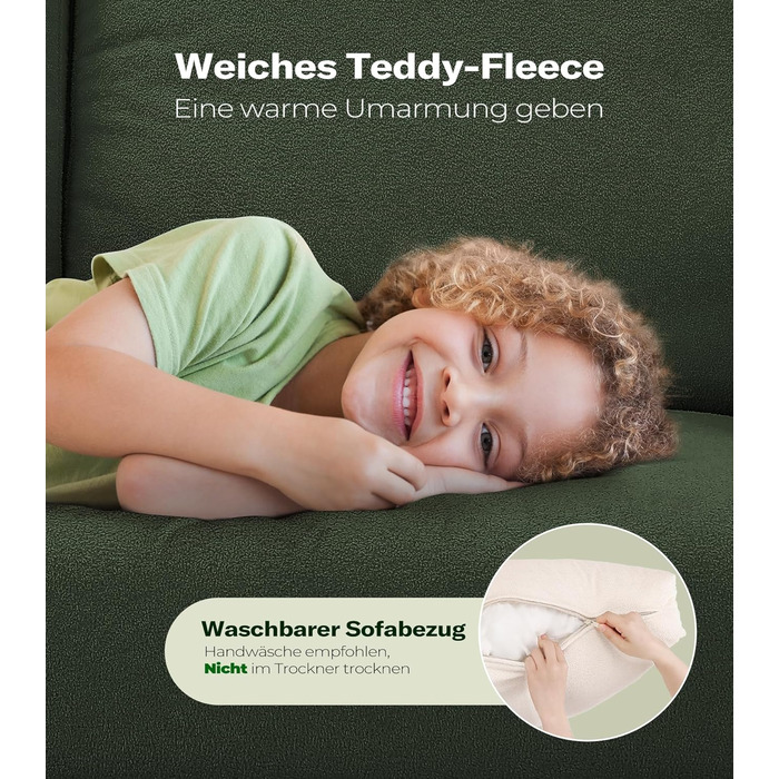 Місний диван 211 см, Зручні 3-місні дивани, Диван-канапа з флісу Тедді, Дивани для вітальні, що збираються без інструментів, 3-місний диван з масиву дерева, Невеликий диван з 2 подушками в комплекті, Зелений 211 см, 3-