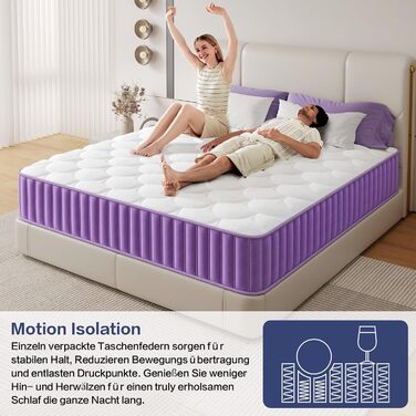 Матрац 160x200 см, рівень жорсткості H4, пружинний матрац, висота 25 см з піною з ефектом пам&39яті, 7-зонний пружинний матрац кишенькової форми з високоякісною піною для підтримки спини, ергономічна підтримка, 160x200x25 см, 25 см (фіолетовий)