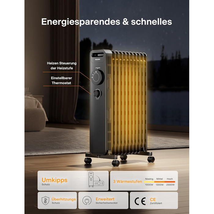 Масляний радіатор PELONIS потужністю 2300 Вт з J-подібними ребрами, масляний нагрівальний елемент з 3 режимами нагріву та термостатом, тихий електричний обігрівач із захистом від перекидання, енергоефективний клас А для спальні, вітальні, офісу, 11 ребер,