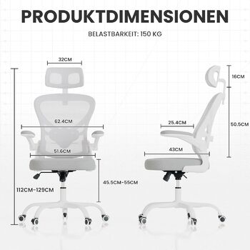 Офісне крісло, сітчасте офісне крісло, комп&39ютерне крісло з відкидними підлокітниками, письмове крісло з регульованою поперековою опорою, ергономічне крісло для офісу та дому (біле)