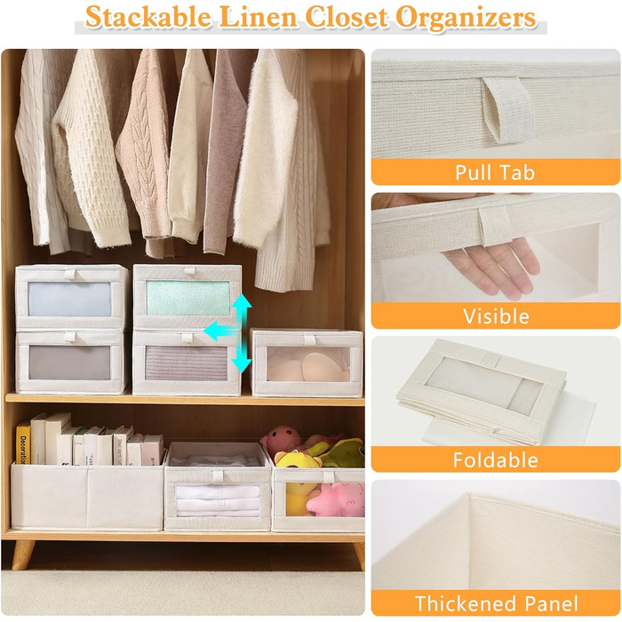 Набір із 4 органайзерів для гардеробу, коробки-органайзери для шафи з прозорими шухлядами, складні коробки для зберігання, 42 x 27,5 x 17 см, для штанів, сорочок, одягу, бежевий стиль 1 4L