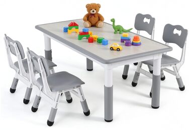 Дитячий комплект столу та стільців MAMIZO з 4 стільцями, регульований по висоті дитячий комплект столу та стільців для дитячого садка та дитячої кімнати, пластикові дитячі меблі, комплект сидінь для хлопчиків та дівчаток від 2 років, сірий 60 x 120 см (4 