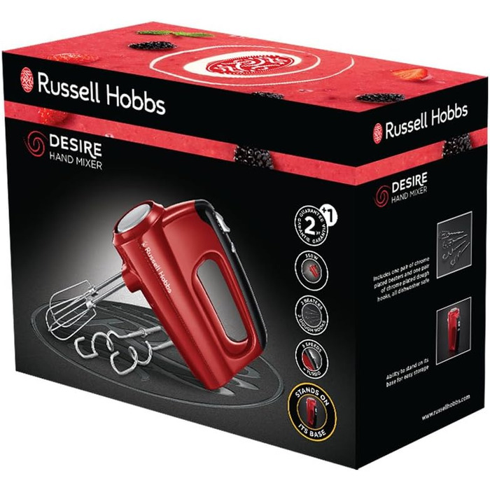 Ручний міксер Russell Hobbs ручний міксер Desire Red (5 рівнів швидкості функція турбо, 2 вінчики для посудомийної машини та гачки для тіста, кнопка виймання, вертикальне паркувальне положення) Ручний міксер 24670-56 Ручний міксер Desire одинарний