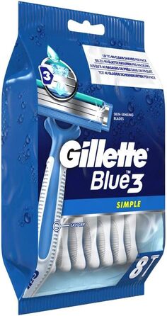 Проста одноразова бритва Gillette Blue3 для чоловіків, 8 бритв із 3 лезами, волога бритва з фіксованим лезом, зволожуюча смужка