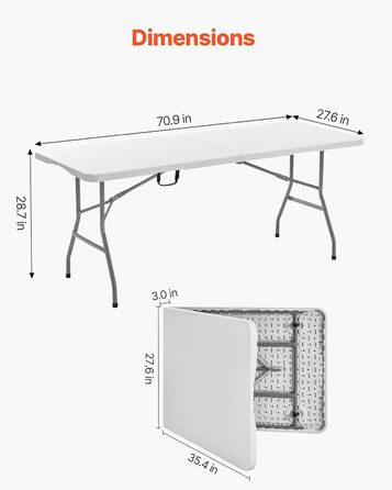 Розкладний фуршетний стіл VEVOR, портативний універсальний стіл, 180 см, прямокутний пластиковий стіл (для 4-6 осіб) з інтегрованою ручкою, садовий стіл, кемпінговий стіл для вечірок, пікніків, кемпінгу, білий