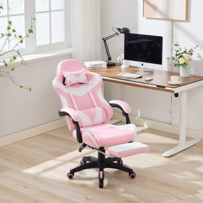 Геймерське крісло з функцією масажу та підставкою для ніг Ергономічне офісне крісло з опорою для голови та попереку, регулювання висоти, поворот на 360, вантажопідйомність 150 кг, рожевий/білий