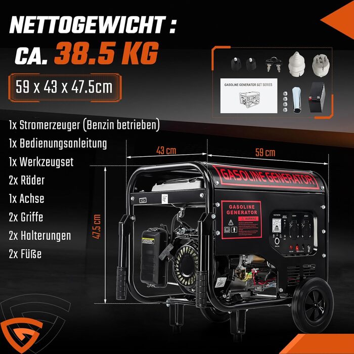 Тактний бензиновий генератор, електричний стартер 5000 Вт, аварійний генератор 12 к.с. з автоматичним регулюванням напруги (ARV), 2 розетки 230 В, 1 розетка 12 В, бак 15 л, 50 Гц, CE, портативний на колесах, для кемпінгу, будівельних майданчиків та дому, 