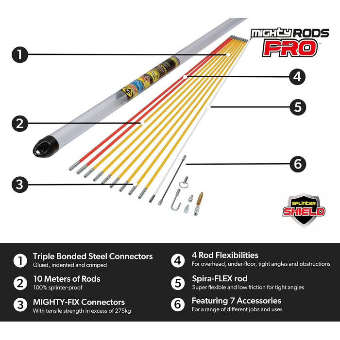 Стандартний набір штанг для протягування кабелю CK MightyRods Pro 10 м, 4 гнучкі секції, стійкий до пошкоджень скловолоконний електричний пристрій для протягування кабелю, електромонтаж, пристрій для протягування кабелю для електриків CK T5421