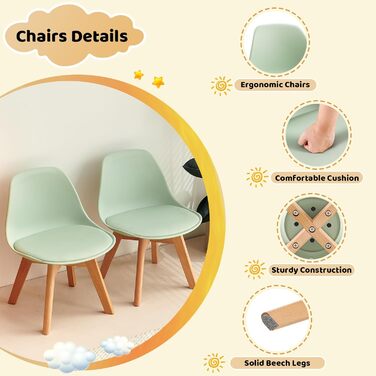 Дитячий стіл EGGREE з 2 стільцями, комплект дитячих сидінь, виготовлений з сертифікованого FSC масиву бука, протестований SGS, для дітей віком від 1 до 6 років, дитячі меблі для дитячих кімнат та дитячих садків, зелений, 3 предмети