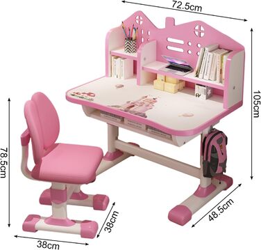 Дитячий комплект столу та стільця, комплект столу та стільця для навчання, шкільна парта для дітей, хлопчиків, дівчаток, спальні, стіл з регульованою висотою, стіл для навчання, ергономічний рожевий (1)