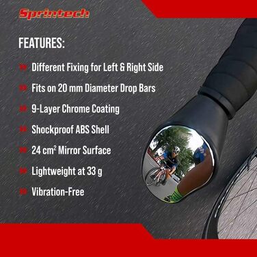 Дзеркало заднього виду для шосейного велосипеда - Легке, регульоване та вібраційне опукле дзеркало з 9-кратним хромованим покриттям та ударостійкою оболонкою з ABS для керма діаметром 20 мм від Sprintech - Червоне