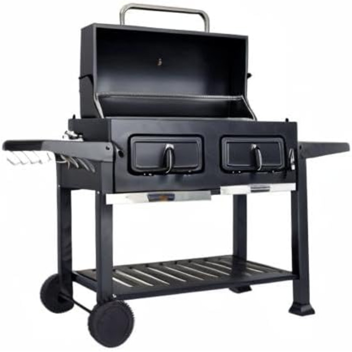 Мангал HWC-K94, візок для барбекю BBQ садовий з кришкою-поличкою, емальована сталь 110x153x60см чорний