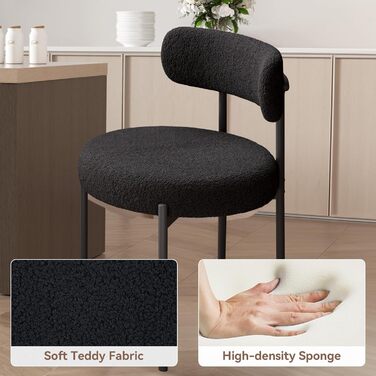 Обідні стільці, комплект з 4 шт. Круглі стільці з букле з тканини Teddy Кухонні стільці з м&39якою оббивкою в стилі середини століття Обідні стільці з металевими ніжками Чорний FU01031BL-4 Комплект з 4 чорних