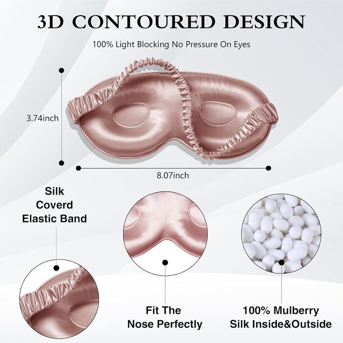 Шовкова маска для сну, 3D контурні чашечки, маска для сну і пов'язка, дихаюча і м'яка для сну, йоги, подорожей (темно-рожева), 22