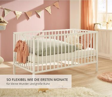 Дитяче ліжко Celia Safe 60x120 см з масиву бука білого кольору - Функціональне дитяче ліжечко з регульованою по висоті рейковою основою - 64 x 80 x 124 см (Ш/В/Г)