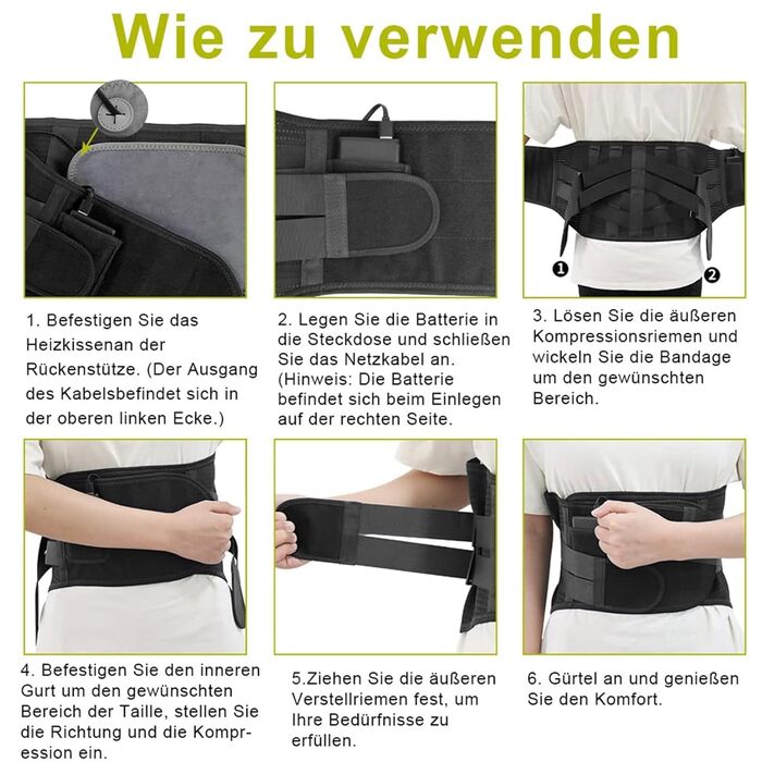 Пояс для підтримки спини HONGJING з підігрівом та 7 металевими опорами від болю в спині, акумуляторний підігрівальний пояс для спини для чоловіків та жінок, грижа міжхребцевого диска, ішіас, розмір L, чорний розмір L