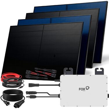 Двофазна балконна електростанція SUNNIVA 2000 Вт, повністю чорна, з розеткою, інвертор FOXESS 800 Вт, фотоелектрична сонячна система, 4 сонячні модулі зі скла по 500 Вт, включаючи кабель 5 м, Bluetooth WIFI, повний комплект