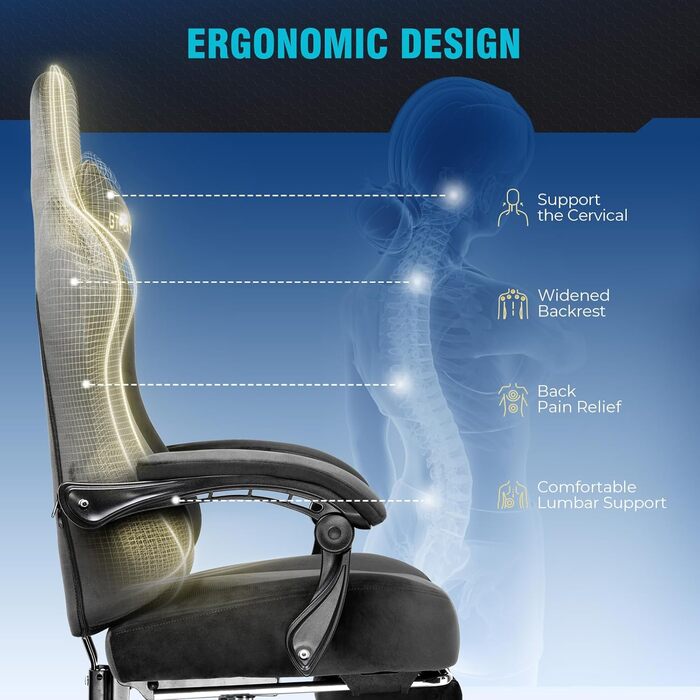 Ігрове крісло GTPLAYER, Дихаюче офісне крісло, Ергономічне офісне крісло, Високоякісна тканина, Ергономічне крісло для ПК, Регульована на 160 спинка та Розсувна підставка для ніг, Світло-сірий, Великий