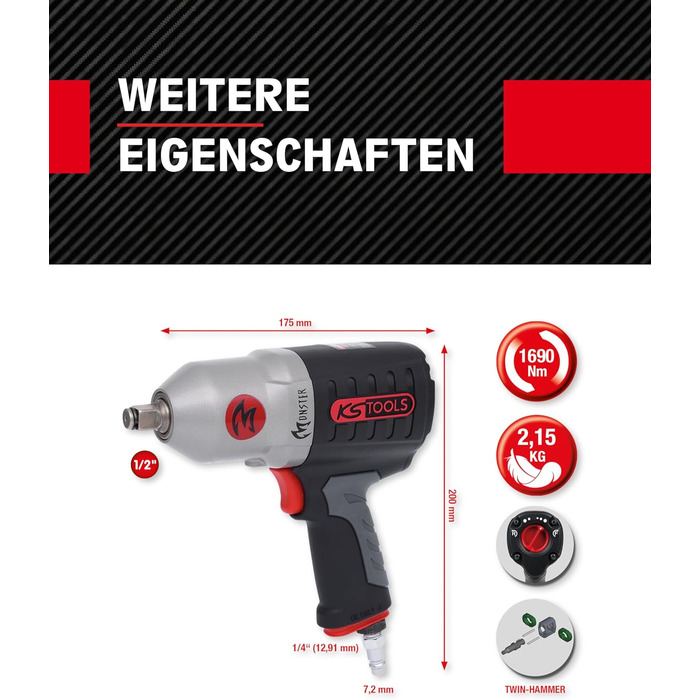 Пневматичний гайковерт KS Tools Monster 515.1210 I Пневматичний гайковерт з практичним важелем перемикання L/R I Високоефективний