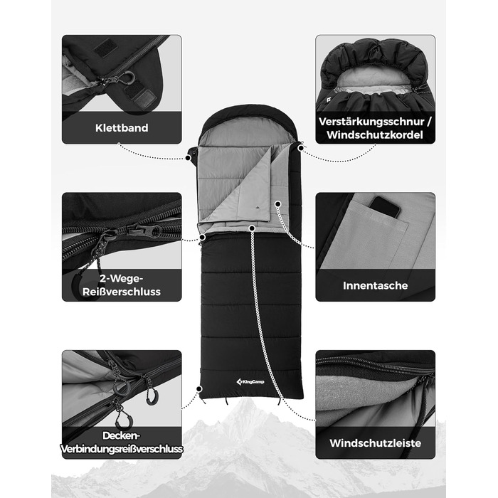 Пуховий спальний мішок KingCamp для дорослих, теплий легкий зимовий спальний мішок від 4C до -20C, 100 бавовняна тканина, 4-сезонний спальний мішок, підходить для кемпінгу та походів, 220x80 см, комфорт 1C / гранична температура -5C / екстремальна темпера