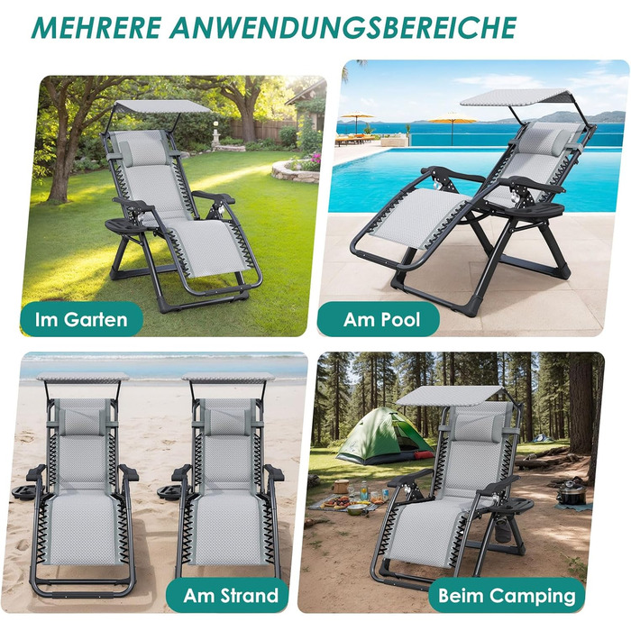 Складаний шезлонг з парасолькою, підголівником та тримачем для напоїв для саду, басейну та пляжу (сірий)