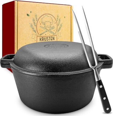 Чавунний горщик KRUSTENZAUBER включаючи виделку для м'яса - Міцна чавунна каструля 26 см з кришкою, підходить для духовки - ідеаль
